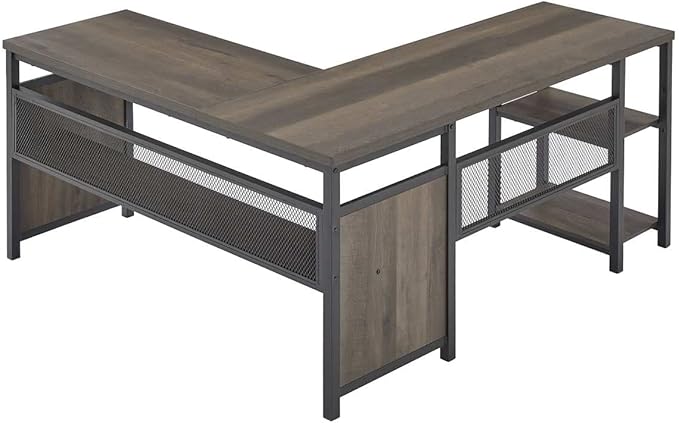 FATORRI L Shaped Desk, Industrial Reversible Home Office Computer Desk with Wood Shelves, Corner Desks with Metal Legs (Walnut Brown, 59 Inch)