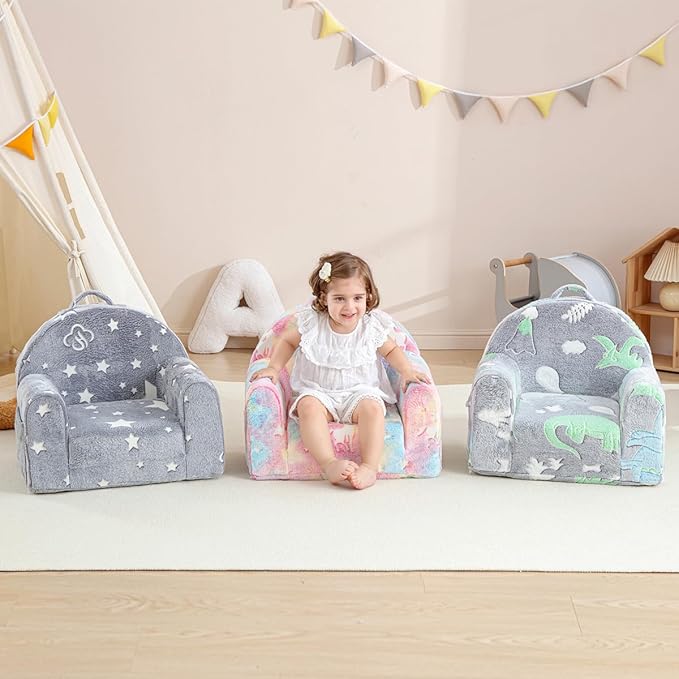 Toddler Chair Comfy,Toddler Couch Fold Out, 2-in-1 Kids Sofa,Flip Out Kids Couch,Sofa Convertible,Children Reading Chair for Age 1-3(Grey Dino)