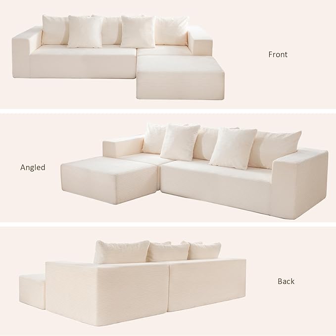 INGEROOM 108" Cloud Sectional Couch with L-Shape Chaise, Modular Sofa Memory Foam, Boneless Sofa with Movable Ottoman, Upholstered Couches for Living Room Bedroom, No Assembly Required, Beige