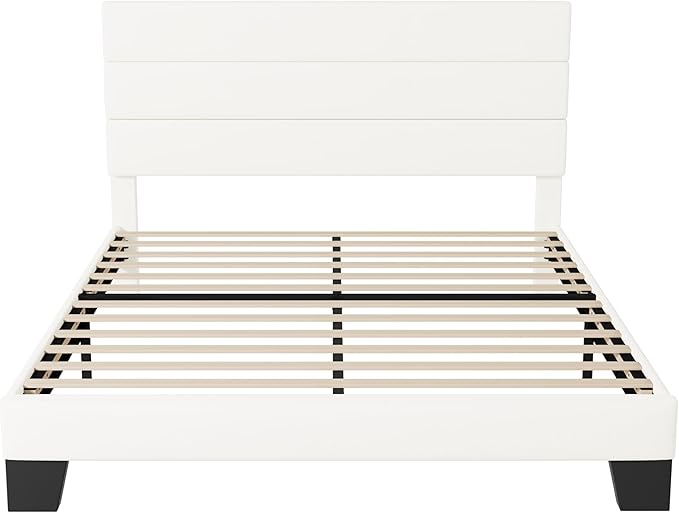 Allewie Queen Size Platform Bed Frame with Velvet Upholstered Headboard and Wooden Slats Support, Fully Mattress Foundation/No Box Spring Needed/Easy Assembly, White