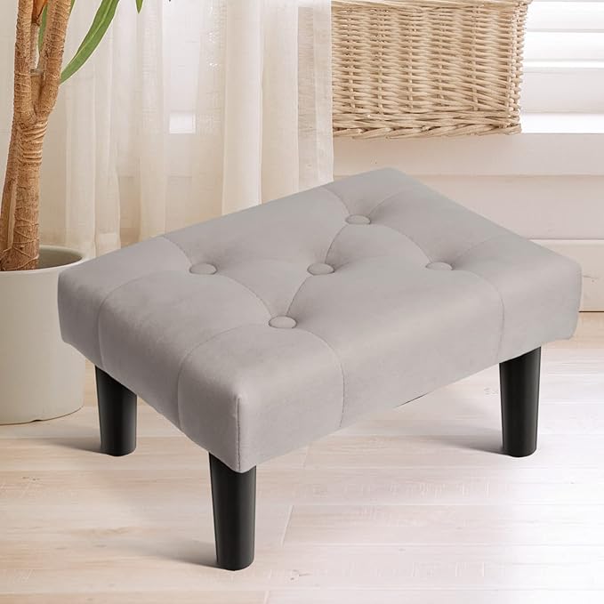 HOUCHICS Small Footstool Ottoman, Velvet Wooden Foot Stool Ottoman with Wood Legs, Sofa Footrest Extra Seating for Living Room Entryway Office(Grey 1PACK)