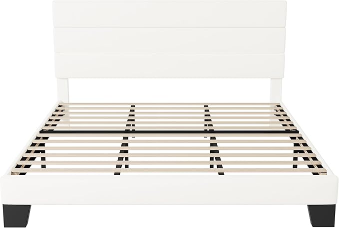 Allewie King Size Platform Bed Frame with Velvet Upholstered Headboard and Wooden Slats Support, Fully Upholstered Mattress Foundation/No Box Spring Needed/Easy Assembly, White