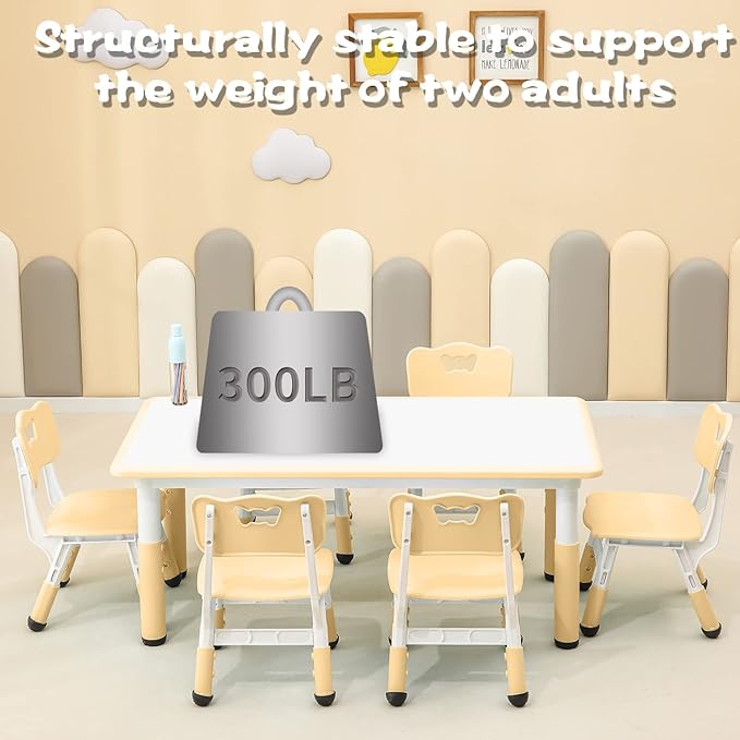 Children's Table and Chair Set Suitable for Boys and Girls Age 2-12 Height Adjustable Table top Can be Painted with 6 Seats Suitable for Family Learning Daily use (Wood Color)