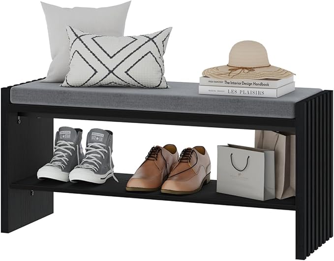 BON AUGURE Storage Bench, Entryway Bench with Shoes Storage, Wooden Benches with Seat Cushion, Shoe Rack Benches for Entry, Entrance, Front Door (Black Oak, 40 Inch Wide)