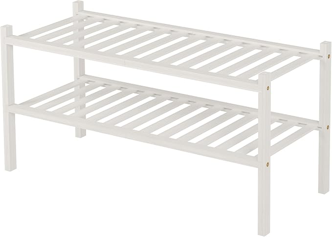 2 Tier Bamboo Shoe Rack for Closet Free Standing Wood Shoe Shelf for Entryway Small Space Stackable 27"x11"x13" (White)