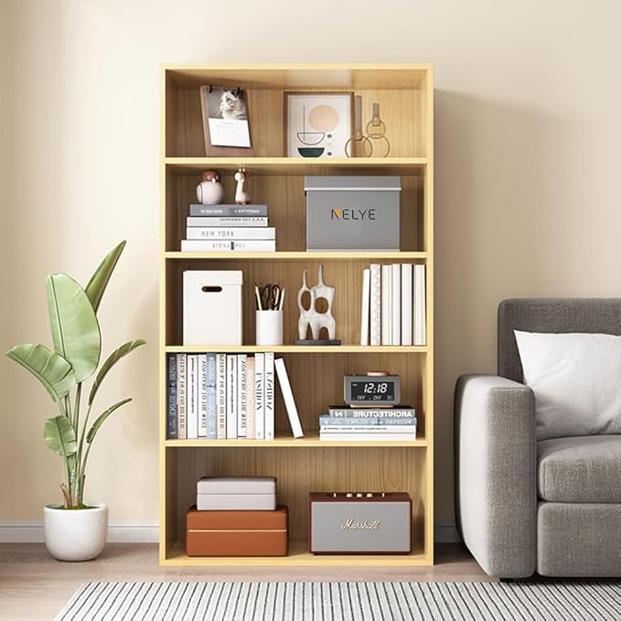 Basic Open Shelf Bookcase - 5-Tier Wooden Cube Storage Shelves Split Bookshelf, Oak