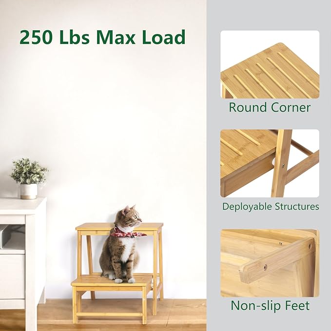 Bamboo Folding Climbing Step Stool, 2 Step Ladder Multi-Functional Stair Chair with Sturdy Structure, Non-Slip Step Pads, Wide Stepping Surface for Safety, Simple Folding Stool for Bathroom, Kitchen