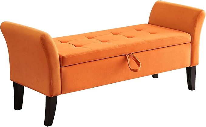 Furniliving 51 Inch Storage Bench for Living Room, Upholstered Bench Ottoman with Velvet Fabric, Modern Entryway Bench with Woodern Legs for Bedroom, Living Room, Shoe Storage & Seating, Orange