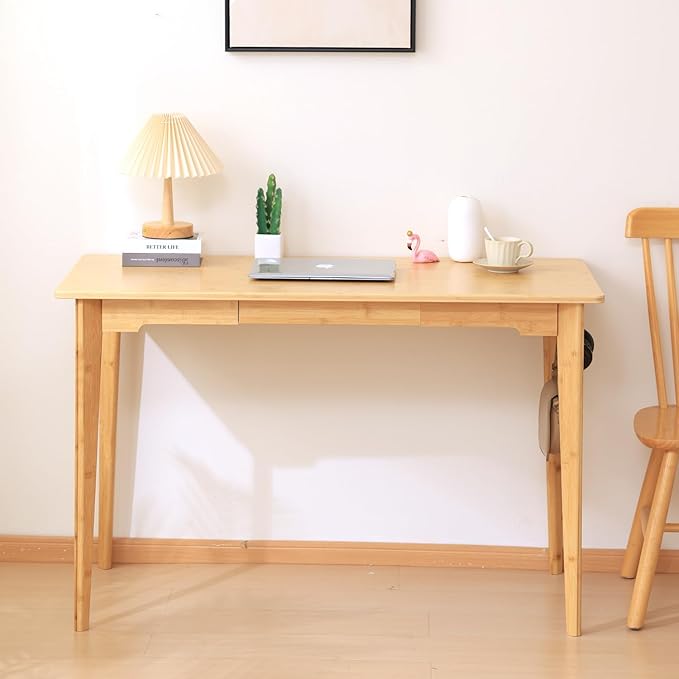Maydear 47" Bamboo Multipurpose Study Writing Desk with Drawer, Modern Simple Computer & Laptop Table Dining Table for Bedroom, Living Room, Home and Office, Kitchen, Natural