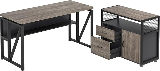 Tribesigns L Shaped Desk with Drawer Cabinet, 55" Executive Computer Desk and lateral File Cabinet, 2 Piece Home Office Furniture with Drawers for Hanging File, Doors with Locks (Gray, 55 inches)