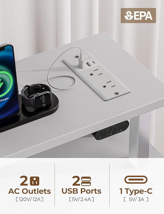 Seventable Computer Desk with Power Outlets & LED Light, 47 inch Home Office Desk with 5 Drawers, Writing Desk with Monitor Stand, Work Desk for Home Office, White