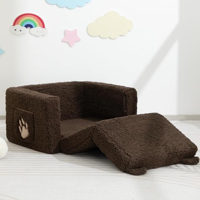 ALIMORDEN Fold Out Toddler Couch, Comfy 2-in-1 Cuddly Sherpa Bear Chair for Kids, Convertible Sofa to Lounger, Kids Cozy Corner Play Couch for Boys and Girls, Chocolate