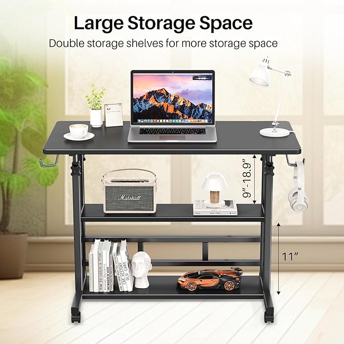 Adjustable Height Standing Desk, Rolling Stand Up Desk with Storage Shelves, 31.5" Small Mobile Computer Desk, Portable Laptop Table (Simple Black)