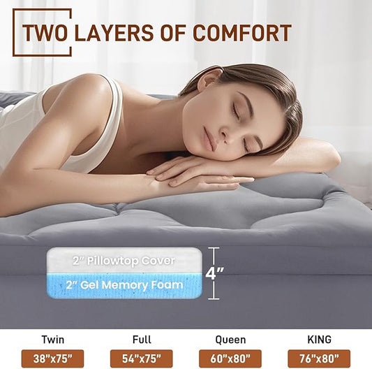 4 Inch Pillow Top Memory Foam Mattress Topper Queen, Dual Layer 2 Inch Gel Memory Foam Plus 2 Inch Pillow Top Cover, Grey