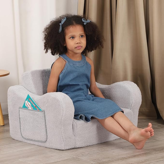 Comfy Toddler Chair, 2-in-1 Toddler Couch Fold Out, Convertible Sherpa Sofa to Lounger for Boys & Girls, Grey