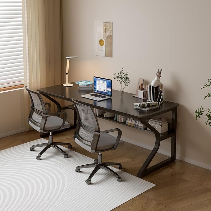 Extra Long Desk with Bookshelf - 63" Double Long Writing Table for 2-Person Workstation, Modern Study Work Computer Desk for Home and Office, Black