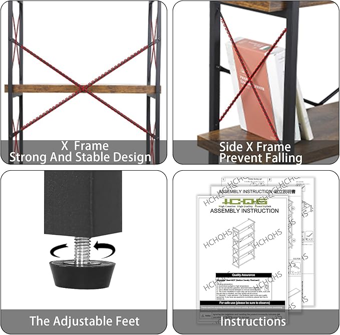 HCHQHS Bookshelf, 5-Tier Industrial Bookcase, Rustic Open Book Shelf, Freestanding Tall Bookshelves with Metal Frame