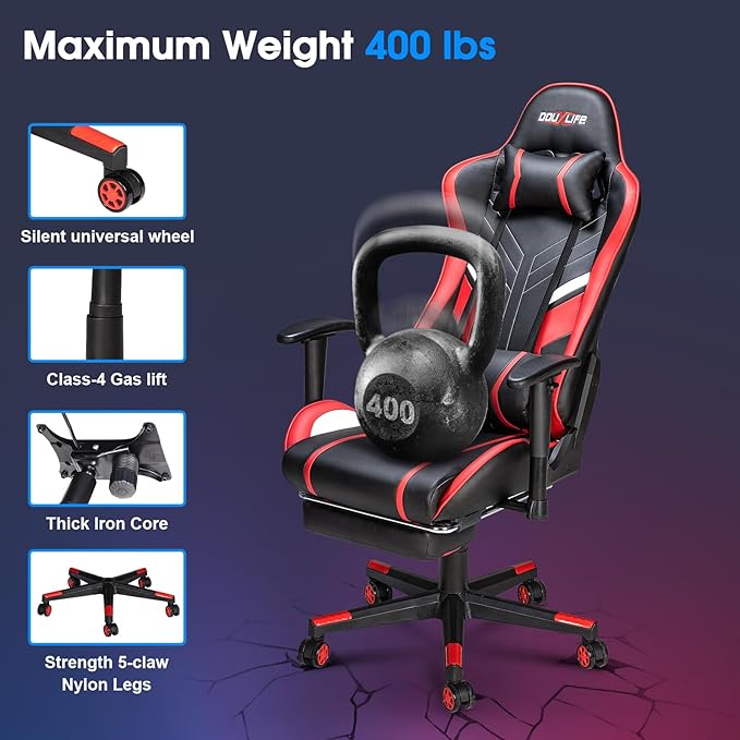 Massage Gaming Chair 7-Point, Office Chair with Footrest and Lumbar Support, Adjustable Seat Height Ergonomic, 175° Reclining Max, Red