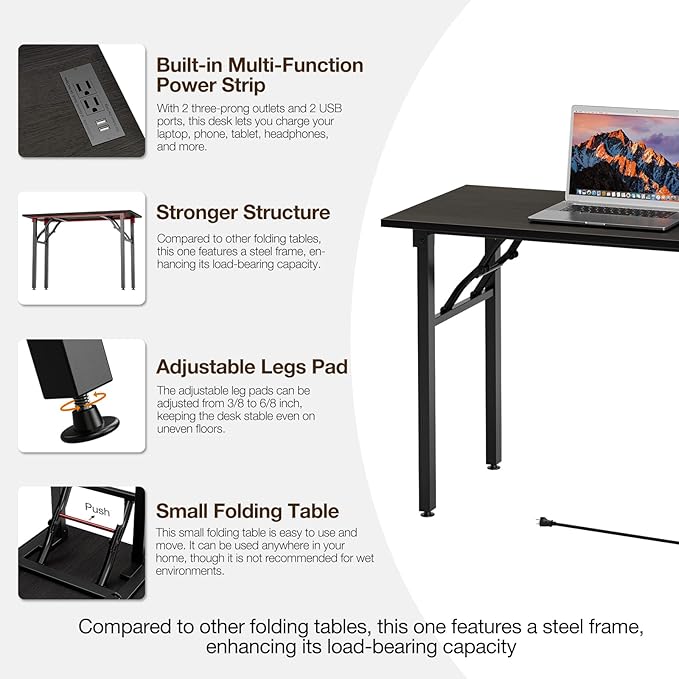 TEMI Small Computer Desk Folding Table - No Assembly, Compact 43.3" Foldable Desk with Power Outlets & USB Charging Port, Portable Small Office Desk, Ideal Mini Study Table, Charcoal Wenge