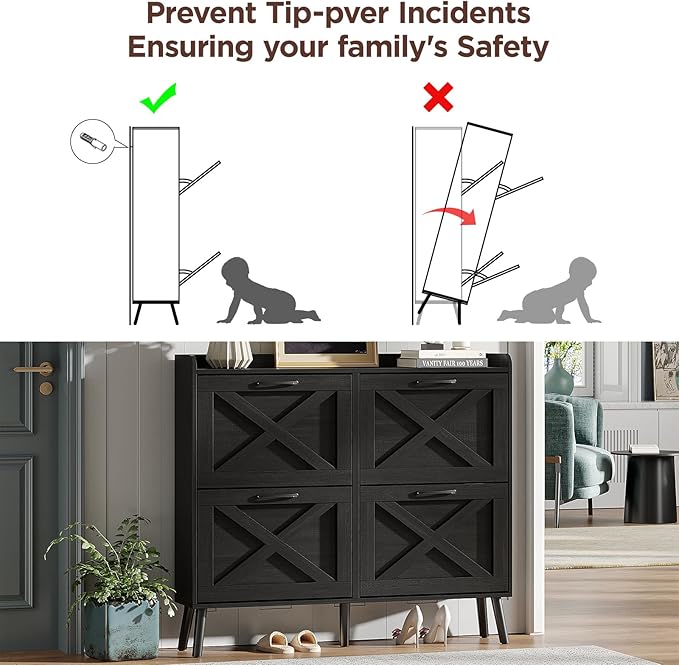 Maupvit Large Shoe Storage Cabinet with 4 Flip Drawers, Narrow Shoe Cabinet for Entryway with Wooden Legs, Freestanding Hidden Shoe Rack Organizer & Metal Hinges, Black