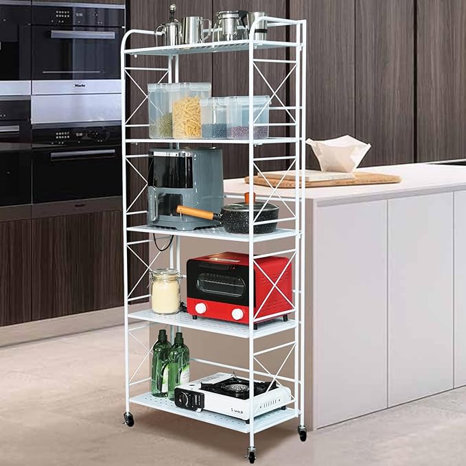 Foldable 3-Tier Metal Shelf with Wheels - Folding Bookshelf Unit for Living Room, Kitchen, Study 12.6" D x 23.6" W x 33.8" H, Glossy White