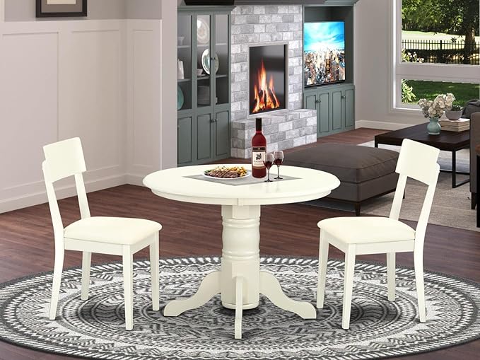 East West Furniture SHAD3-LWH-LC 3 Piece Kitchen Table & Chairs Set Contains a Round Dining Room Table with Pedestal and 2 Faux Leather Upholstered Chairs, 42x42 Inch, Linen White