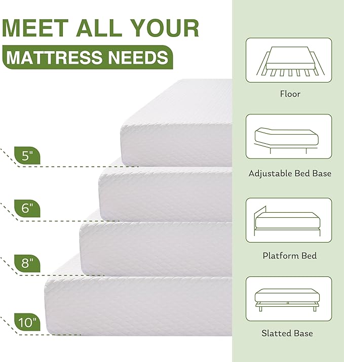 Twin XL Memory Foam Mattress, 5 Inch Bed Mattress in a Box with Cooling Green Tea Gel, Relieve Pressure with Medium Support, CertiPUR-US Certified, 80''L x 38''W, White