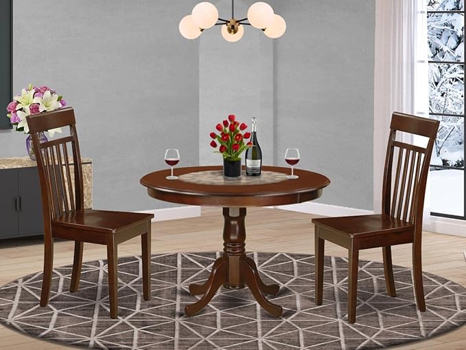 East West Furniture HLCA3-MAH-W 3 Piece Kitchen Table Set for Small Spaces Contains a Round Dining Room Table with Pedestal and 2 Dining Chairs, 42x42 Inch, Mahogany