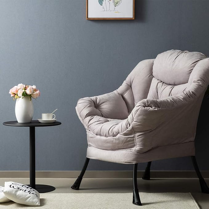 HollyHOME Modern Large Cotton Fabric Lazy Chair,Accent Contemporary Lounge Chair, Single Steel Frame Leisure Sofa Chair with Armrests and A Side Pocket, Grey