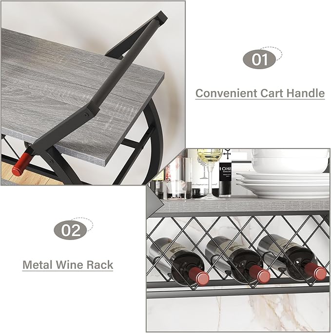 LVB Bar Cart with Wine Rack, 2 Tier Farmhouse Kitchen Cart on Wheels, Modern Wood and Metal Portable Coffee Cart Table for Home, Utility Industrial Mobile Serving Cart with Storage Shelf, Grey Oak