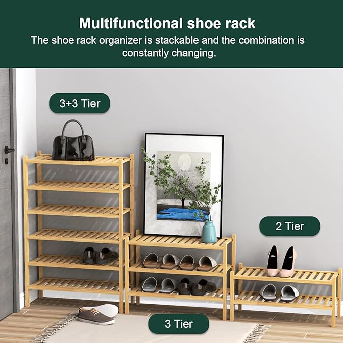 Bamboo Shoe Rack 2-Tier Organizer-Stackable Storage Shelf with Multi-Function Combinations-Free Standing Shoe Racks for Closet,Entryway,Hallway,Bathroom,Living Room Shoe Organization (Natural, 2-Tier)