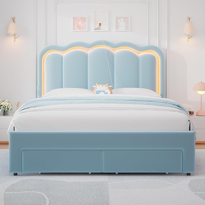 Full Upholstered LED Bed Frame with 2 Storage Drawers and Adjustable Chic Double Wavy Headboard, Velvet Princess Platform Bed with Charing Station, Solid Wood Slats Support,No Box Spring Needed,Blue