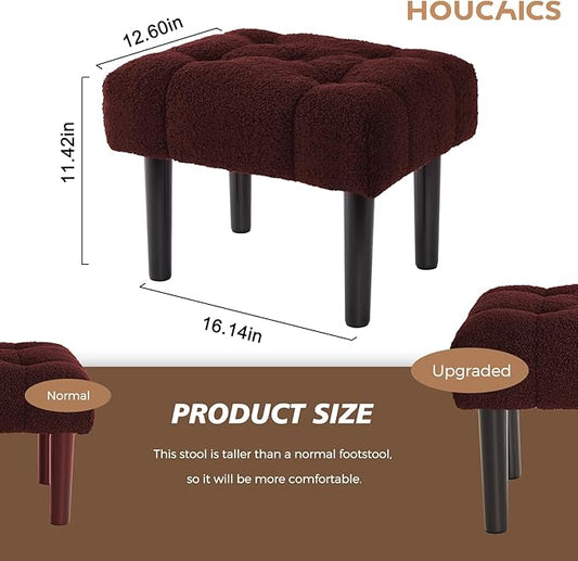 HOUCHICS Fur Padded Foot Stool, Small Ottoman Foot Rest with Wooden Legs,Modern Rectangle Chair Foot Rest Foot Step Stool for Living Room, Couch, Desk(Wine Red