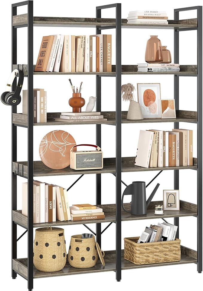 Seventable Bookshelf 6 Tier with 4 Hooks,67”Industrial Wooden Bookcase, Vintage Storage Rack with Open Shelves, Rustic Standing Bookshelves Metal Frame 43.3” Wide Display Rack, Gray
