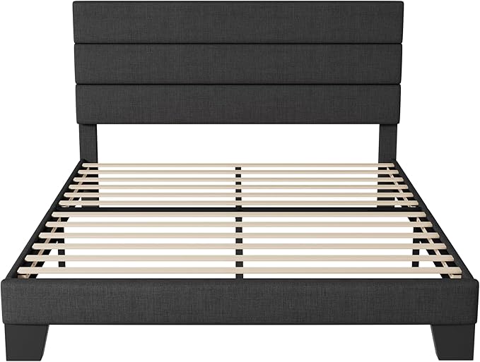 Allewie Full Size Platform Bed Frame with Fabric Upholstered Headboard and Wooden Slats Support, Fully Upholstered Mattress Foundation/No Box Spring Needed/Easy Assembly, Dark Grey