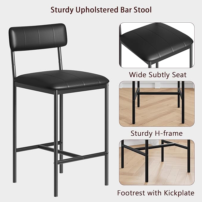 GarveeHome Bar Stools Set of 2, Upholstered Counter Height Bar Stools with Backrest and Footrest, Kitchen Barstools for Island, Counter Bar, Easy Assembly, Black