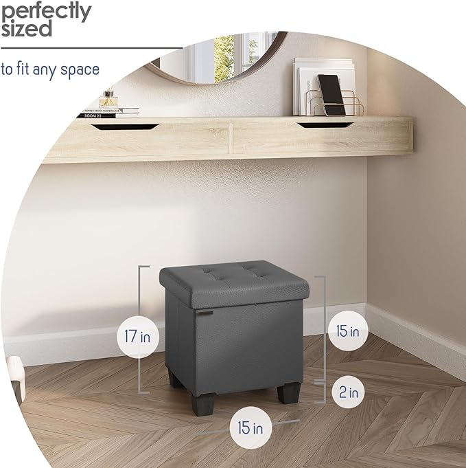 STORAGEBUD Storage Ottoman Cube with Small Bin, 16-in Square Ottoman with Storage for Living Room and Bedroom, Small Ottomans Foot Rest, Faux Leather Foot Stools Ottomans Max 330lbs, Grey