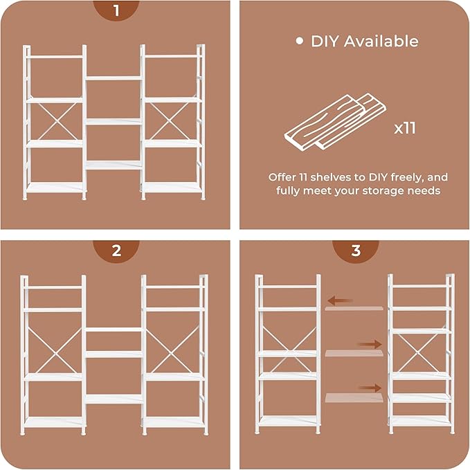 SUPERJARE Triple 4 Tier Bookshelf, Bookcase with 11 Open Display Shelves, Wide Book Shelf Book Case for Home & Office, White