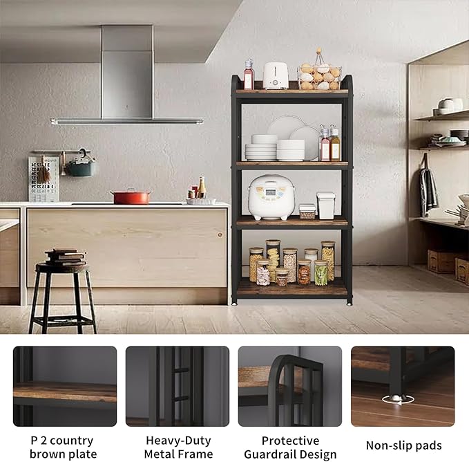 Microwave Oven Stand with Storage 4 Tiers, Free Standing Microwave Oven Stand Coffee Bar Adjustable Kitchen Shelves Kitchen Storage Shelf Rack Bakers Racks for Kitchens(Brown)