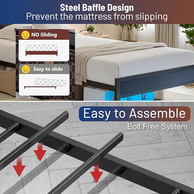Twin Bed Frame with Headboard,Classic Metal Platform Bed Frame-LED Bed Frame with USB Charging Station,Mattress Foundatione-Under Bed Storage,No Box Spring Needed,Noise Free
