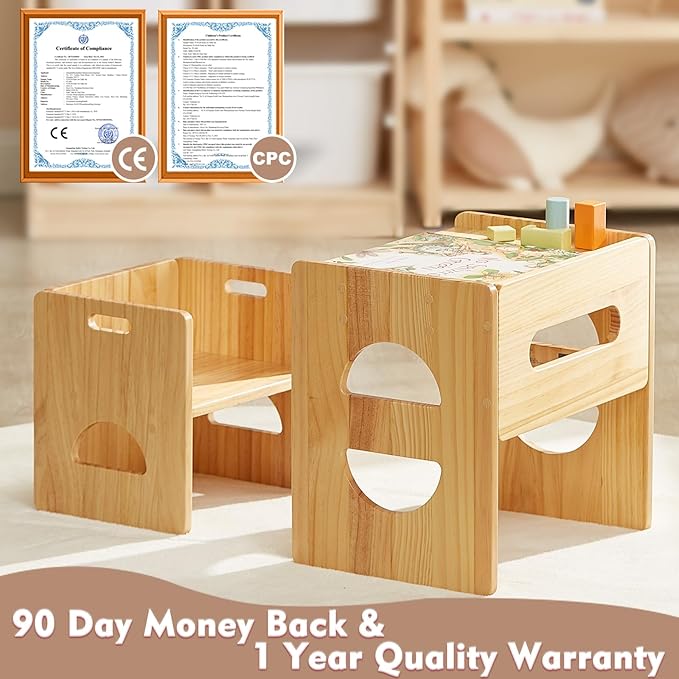 FUNLIO Height Adjustable Montessori Table and Chair Set for Age 1-3, Solid Wood Toddler Table and Chair Set, Weaning Baby Table Chair Set for Reading/Eating/Playing, Easy to Assemble - Natural