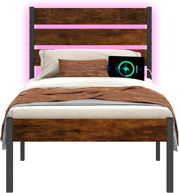 Twin Bed Frame with Headboard,Heavy Duty LED Bed Frame with USB Charging Station,Mattress Foundation-Under Bed Storage, No Box Spring Needed, Noise Free,Brown