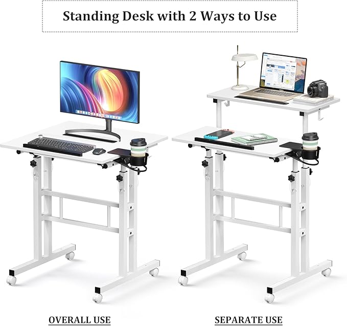 Small Standing Desk with Wheels, Mobile Stand Up Desk, Portable Standing Table on Wheels for Walking Pad, Rolling Computer Desk Adjustable Height, Tall Table