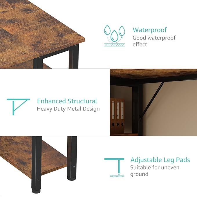 Lufeiya 63 inch Computer Desk with 4 Fabric Drawers & Storage Shelves, Writing Work Study Desk for Home Office Bedroom, Modern Simple Student PC Desks Table, Rustic Brown