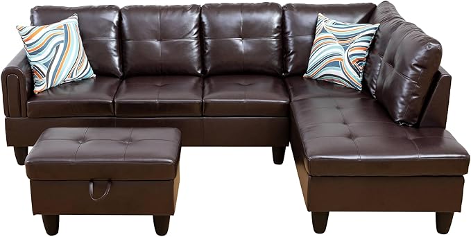 L Shaped Sectional Couch with Otttoman, 97" Leather Sectional Sofa for Living Room Modular Couches with Cup Holders for Bedroom, Apartments, Brown