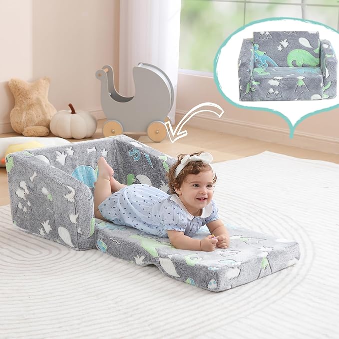 Toddler Couch Fold Out, Foldable Kids Couch with Blanket, Flip Out Toddler Chair, Foam Sofa for Girls & Boys, Convertible Sofa to Lounger for Children Age 1-3 (Glow Dino Grey)
