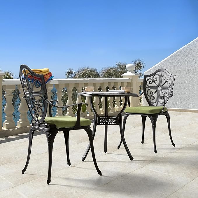 NUU GARDEN 3 Piece Outdoor Bistro Set Cast Aluminum Patio Set Bistro Table Set Rustproof Patio Table and Chairs with Umbrella Hole and Green Cushions for Backyard, Balcony, Porch, Black