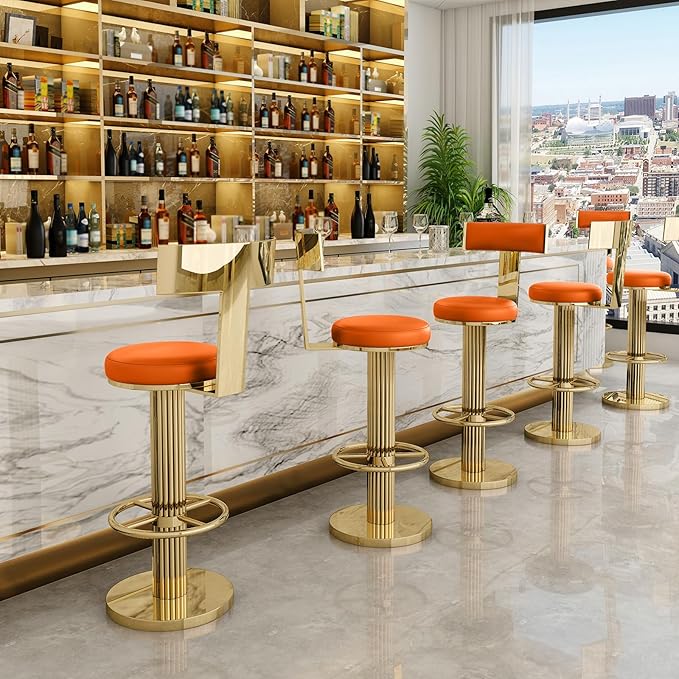 FUNROLUX Counter Height Bar Stools with Back, Modern Adjustable Height Barstools Swivel Bar Chair with Polished Gold Stainless Steel Legs for Kitchen Island Counter Living Room Coffee Shop (Orange)