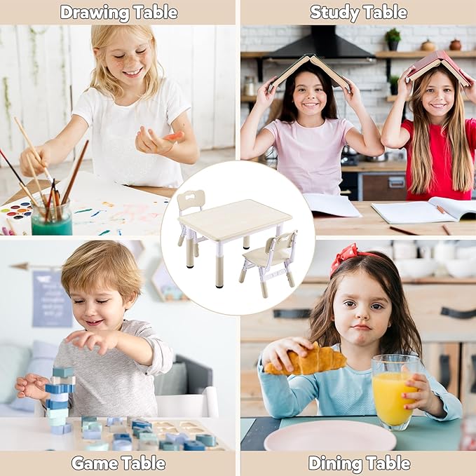 Adjustable Kids Table & Chairs Set for Ages 3-8 | 31.5"x23.6" Easy-Clean Activity Table | Meets ASTM/CPSC Standards for Daycare, Homeschool & Playroom (Natural-Wood, 2 Chairs)