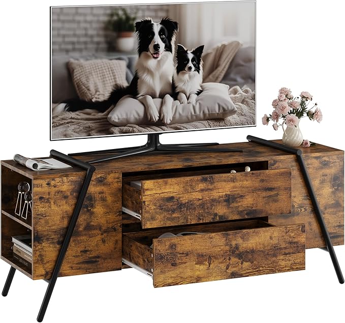 GarveeHome 55" Modern TV Stand with 2 Drawers, Adjustable Shelves, U-Shaped Metal Legs, Farmhouse Entertainment Center, Wooden TV Console for Living Room, Bedroom, Amber Oak